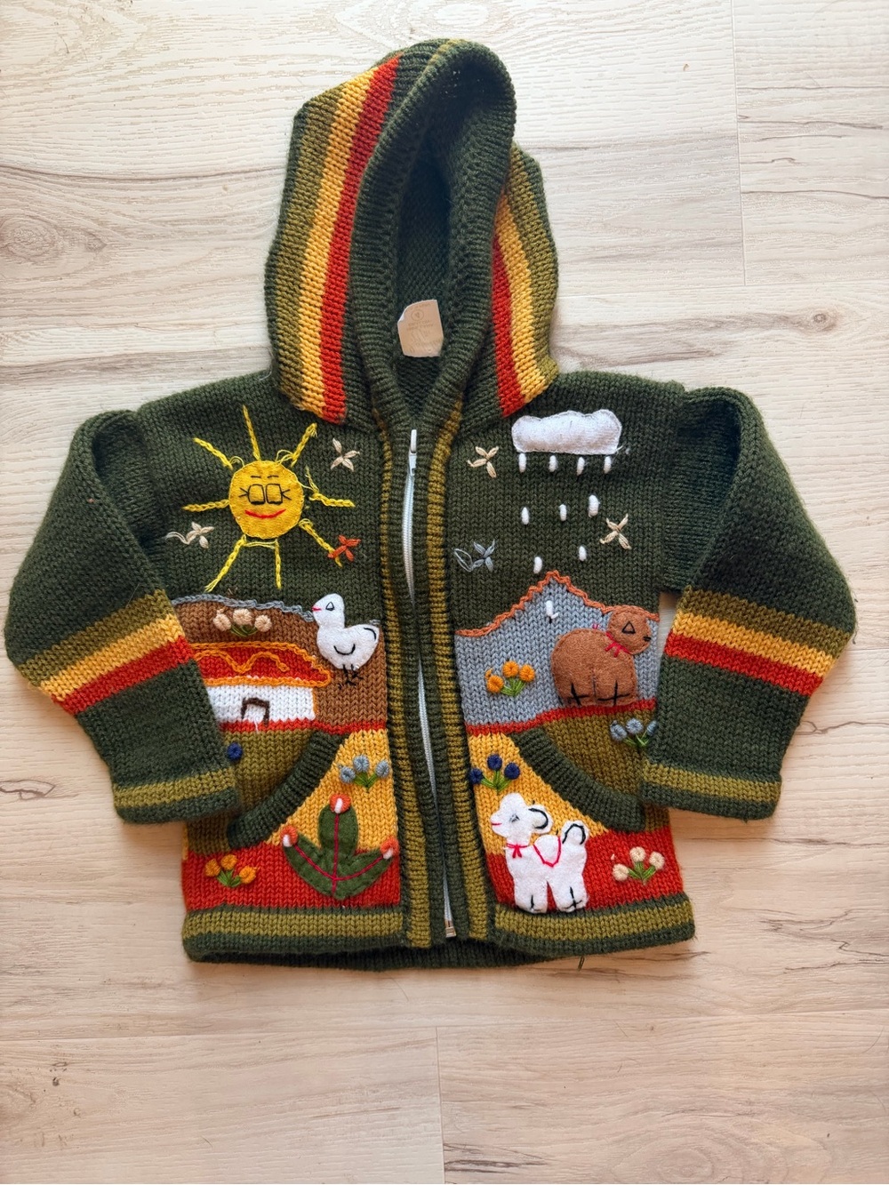 Isabella Mia Olive Green Multi-Color Hooded Kids Wool Jacket - size 4